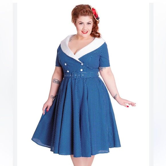 Hell Bunny Claudia 50’s Blue and White Polka Dot Fit and Flare Midi Dress 4X - Picture 1 of 9